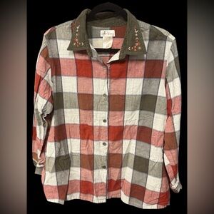 1990 vintage Bobbie Brooks blouse green rust plaid embroidered corduroy collar